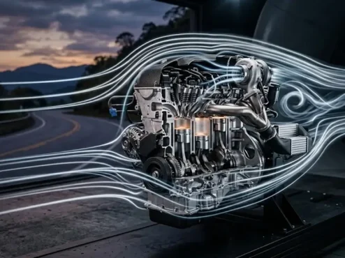 Ilustração técnica de um motor moderno com linhas de fluxo de ar, representando a eficiência térmica e aerodinâmica automotiva.
