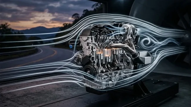 Ilustração técnica de um motor moderno com linhas de fluxo de ar, representando a eficiência térmica e aerodinâmica automotiva.