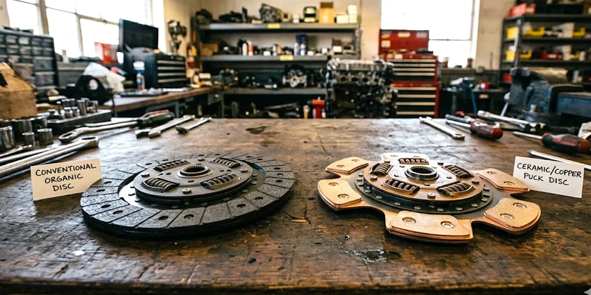 embreagem-ceramica-vs-organica-performance Comparativo entre disco de embreagem de cerâmica com pastilhas de cobre e disco orgânico convencional sobre uma bancada de oficina.