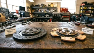 Comparativo entre disco de embreagem de cerâmica com pastilhas de cobre e disco orgânico convencional sobre uma bancada de oficina.