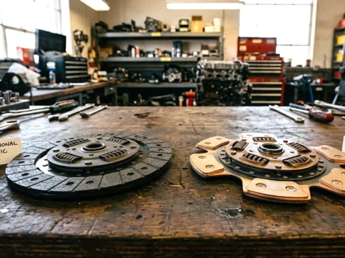 Comparativo entre disco de embreagem de cerâmica com pastilhas de cobre e disco orgânico convencional sobre uma bancada de oficina.