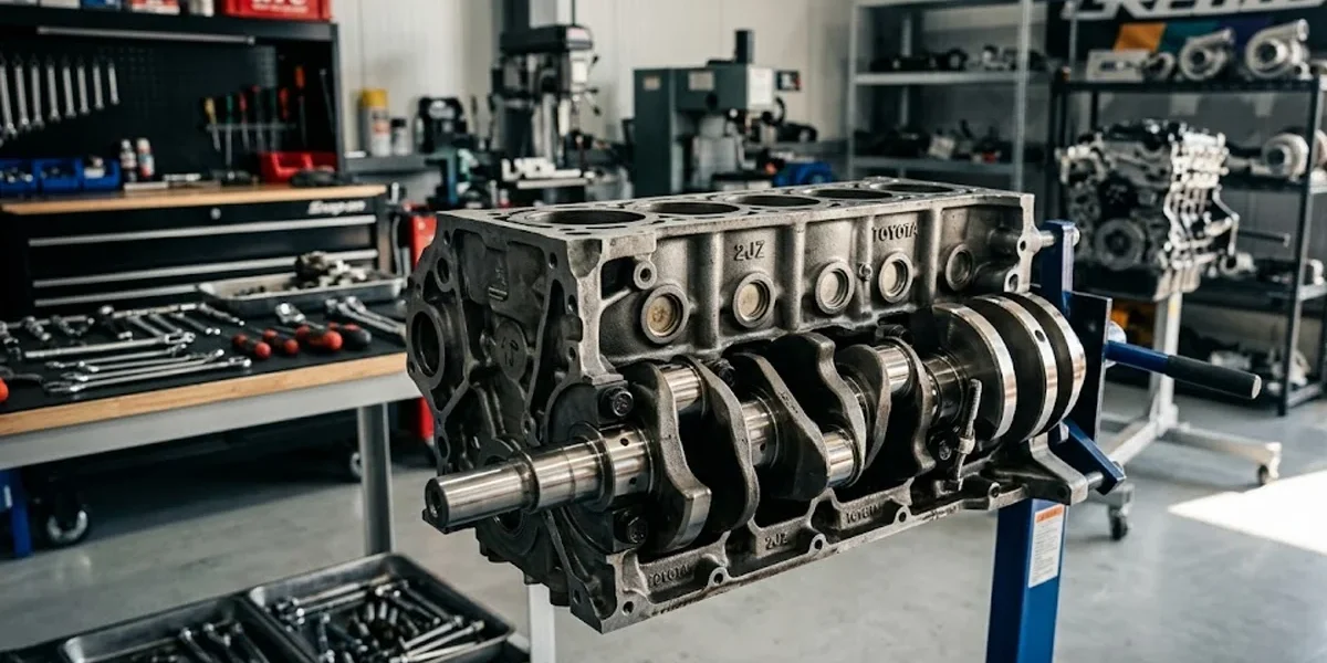 engenharia-motores-japoneses-durabilidade-jdm Close-up detalhado de componentes internos de um motor japonês de alta performance em uma oficina técnica.