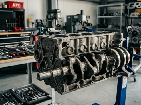 Close-up detalhado de componentes internos de um motor japonês de alta performance em uma oficina técnica.