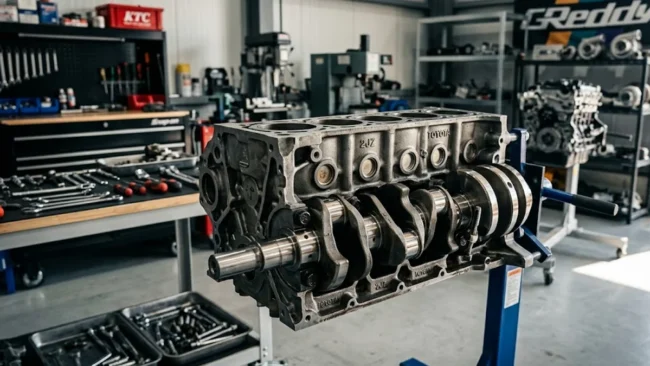 engenharia-motores-japoneses-durabilidade-jdm Close-up detalhado de componentes internos de um motor japonês de alta performance em uma oficina técnica.