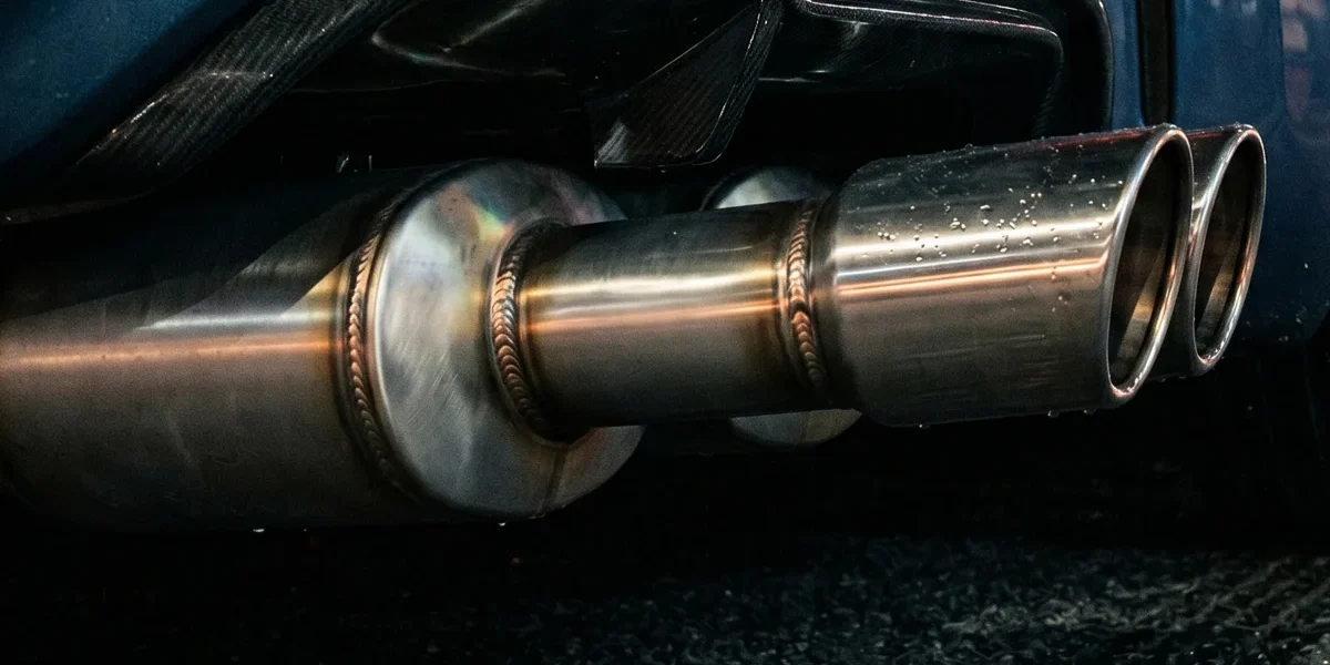 Close-up de uma ponteira de escapamento esportivo em inox em um carro customizado durante a noite.