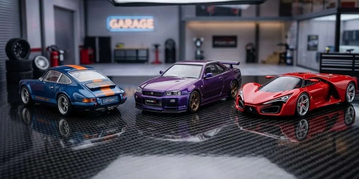 Três miniaturas detalhadas em escala 1/64 sobre base de fibra de carbono, representando a tendência diecast de 2026