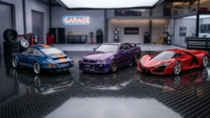 Três miniaturas detalhadas em escala 1/64 sobre base de fibra de carbono, representando a tendência diecast de 2026