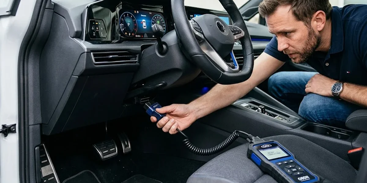guia-scanner-obd2-diagnostico-automotivo Homem conectando um scanner OBD2 na porta de diagnóstico sob o painel de um carro moderno.