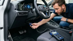 Homem conectando um scanner OBD2 na porta de diagnóstico sob o painel de um carro moderno.