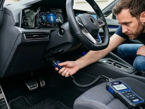 Homem conectando um scanner OBD2 na porta de diagnóstico sob o painel de um carro moderno.
