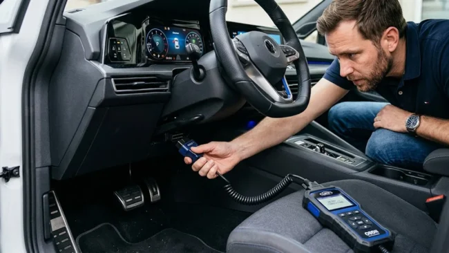 Homem conectando um scanner OBD2 na porta de diagnóstico sob o painel de um carro moderno.
