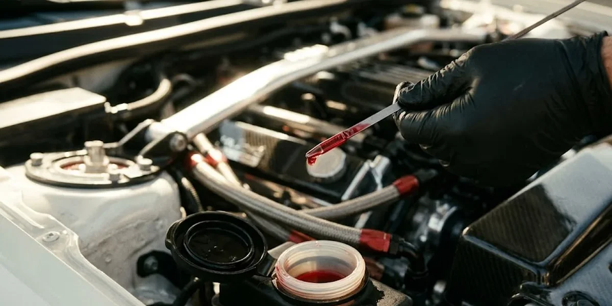 Mecânico inspecionando o fluido de direção hidráulica limpo em um reservatório de carro esportivo em uma oficina.