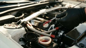 Mecânico inspecionando o fluido de direção hidráulica limpo em um reservatório de carro esportivo em uma oficina.