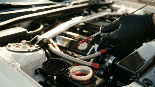 inspecao-fluido-direcao-hidraulica-limpo-vs-sujo Mecânico inspecionando o fluido de direção hidráulica limpo em um reservatório de carro esportivo em uma oficina.