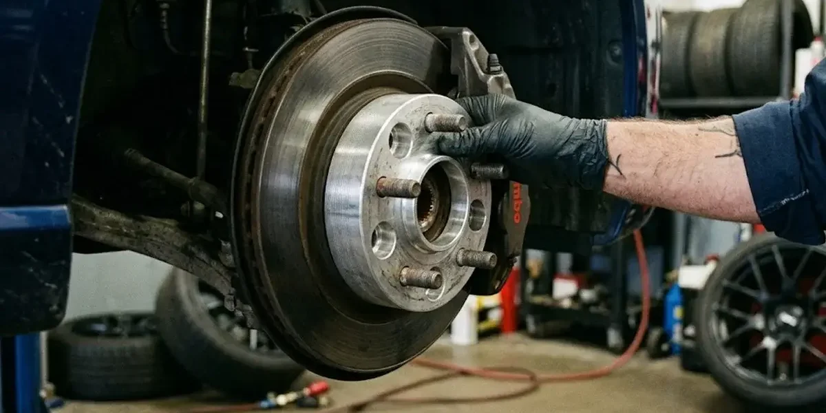 Mãos de um mecânico instalando um espaçador de roda hub-centric em alumínio billet em um veículo de performance.