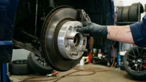 Mãos de um mecânico instalando um espaçador de roda hub-centric em alumínio billet em um veículo de performance.