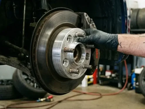 Mãos de um mecânico instalando um espaçador de roda hub-centric em alumínio billet em um veículo de performance.