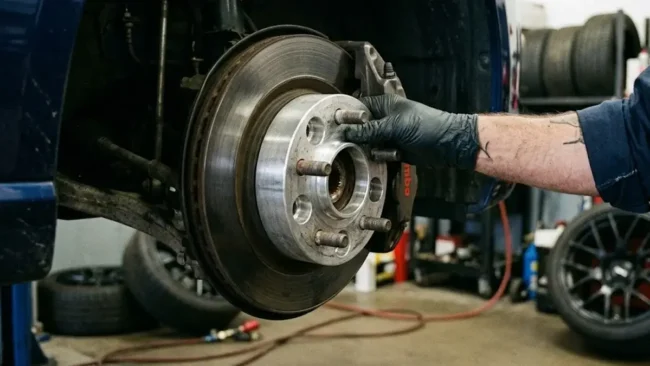 Mãos de um mecânico instalando um espaçador de roda hub-centric em alumínio billet em um veículo de performance.