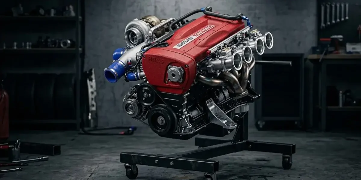 Motor RB26DETT com tampa de válvulas vermelha em destaque, exibindo o sistema twin turbo e componentes mecânicos.