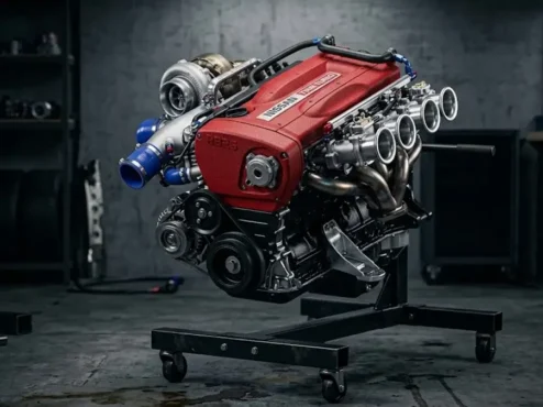 Motor RB26DETT com tampa de válvulas vermelha em destaque, exibindo o sistema twin turbo e componentes mecânicos.