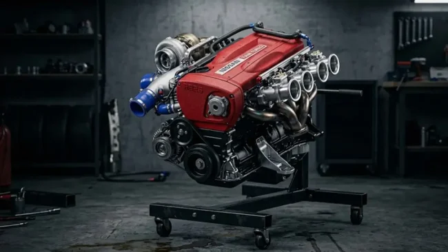 Motor RB26DETT com tampa de válvulas vermelha em destaque, exibindo o sistema twin turbo e componentes mecânicos.