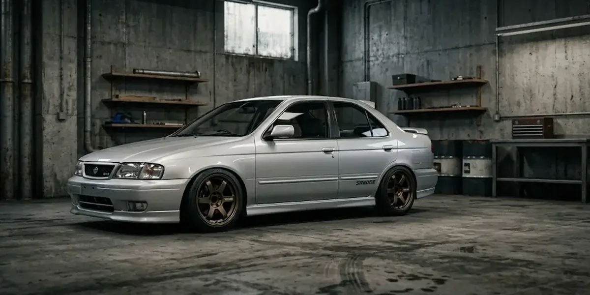 Nissan Sentra antigo prateado com modificação estilo JDM, rebaixado com rodas bronze em uma garagem industrial.