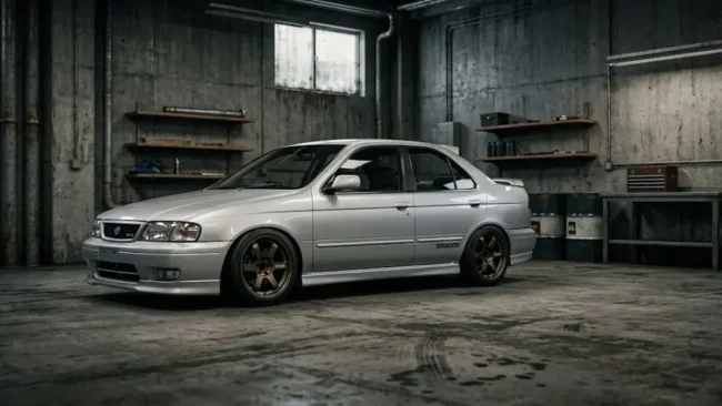Nissan Sentra antigo prateado com modificação estilo JDM, rebaixado com rodas bronze em uma garagem industrial.