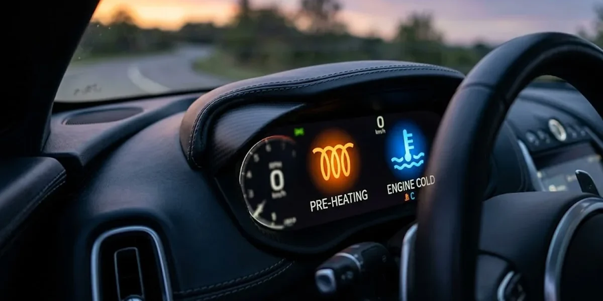 Close-up de um painel de instrumentos automotivo exibindo os ícones de luz de mola e temperatura do motor acesos.