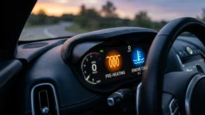 Close-up de um painel de instrumentos automotivo exibindo os ícones de luz de mola e temperatura do motor acesos.