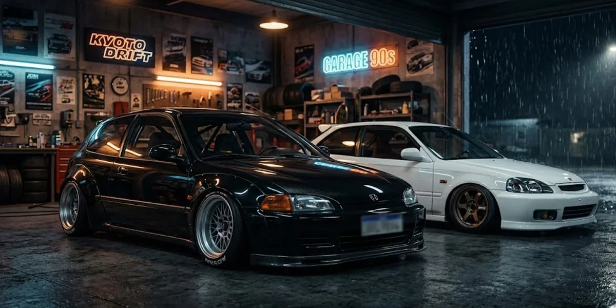 Dois Honda Civic estilo stance e JDM em uma garagem escura, com destaque para a placa de coleção no veículo customizado.
