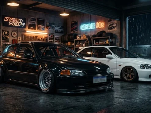 Dois Honda Civic estilo stance e JDM em uma garagem escura, com destaque para a placa de coleção no veículo customizado.