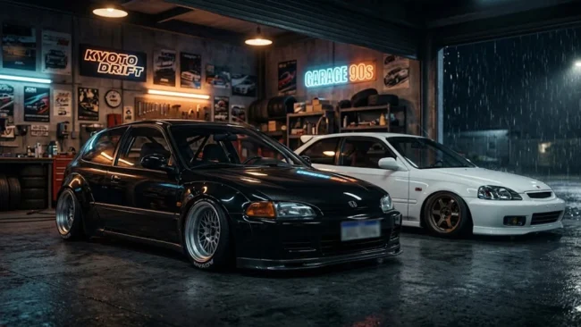 Dois Honda Civic estilo stance e JDM em uma garagem escura, com destaque para a placa de coleção no veículo customizado.