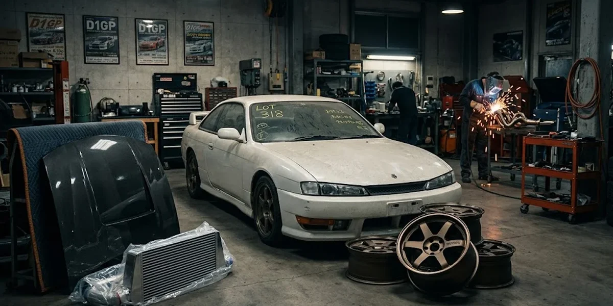 Silvia em uma oficina com capô aberto, cercado por peças novas, ilustrando a reconstrução de um projeto JDM.