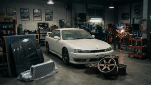 Silvia em uma oficina com capô aberto, cercado por peças novas, ilustrando a reconstrução de um projeto JDM.