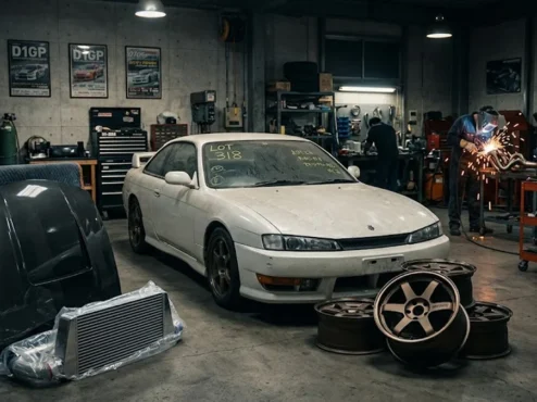 Silvia em uma oficina com capô aberto, cercado por peças novas, ilustrando a reconstrução de um projeto JDM.