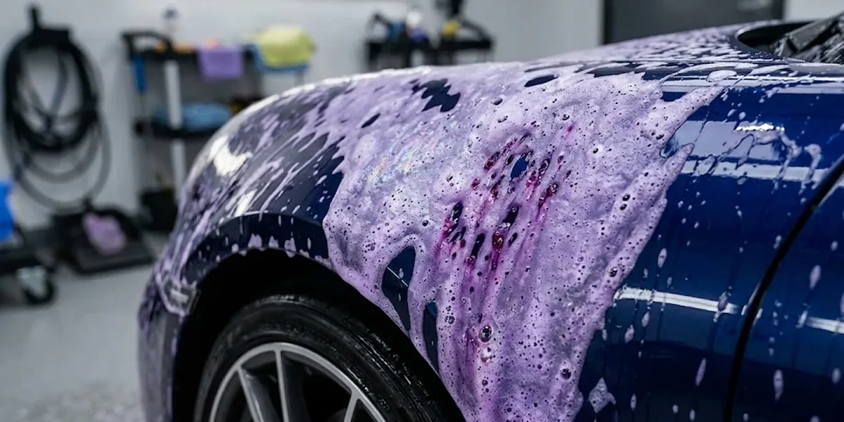 Detalhe de descontaminação química em carro esportivo com espuma reagindo a partículas ferrosas na pintura.