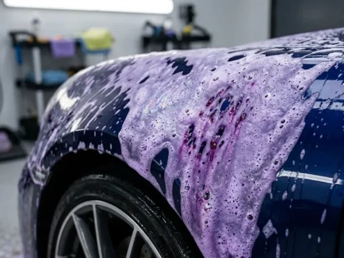 Detalhe de descontaminação química em carro esportivo com espuma reagindo a partículas ferrosas na pintura.