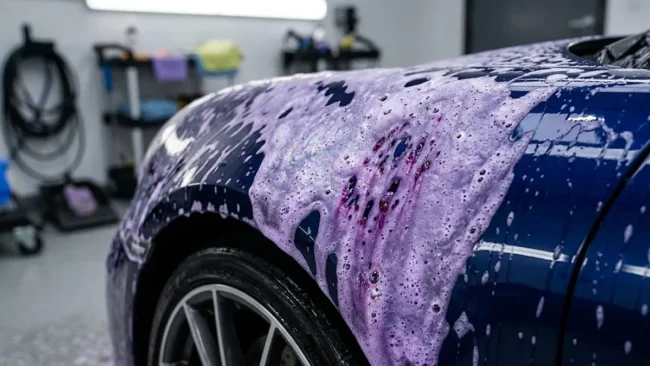 quimica-detalhamento-automotivo-shampoo-ph-neutro Detalhe de descontaminação química em carro esportivo com espuma reagindo a partículas ferrosas na pintura.
