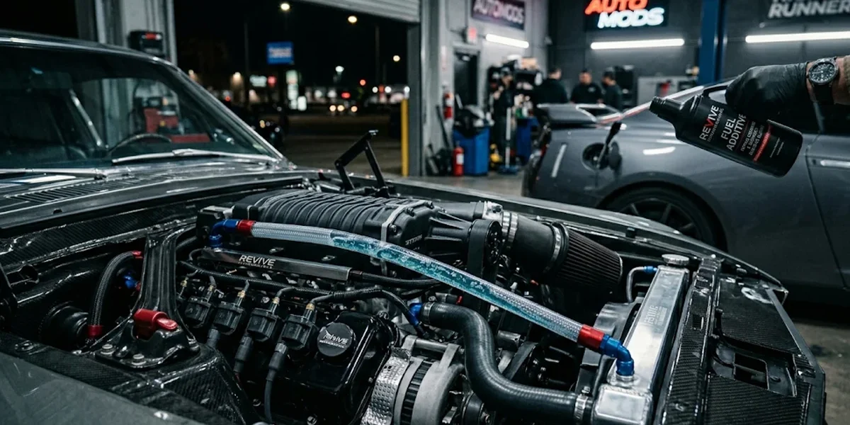 Close-up de um motor de alta performance e uma mão despejando aditivo de combustível premium em um tanque de carro à noite.