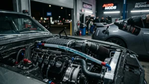 Close-up de um motor de alta performance e uma mão despejando aditivo de combustível premium em um tanque de carro à noite.