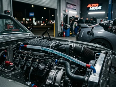Close-up de um motor de alta performance e uma mão despejando aditivo de combustível premium em um tanque de carro à noite.