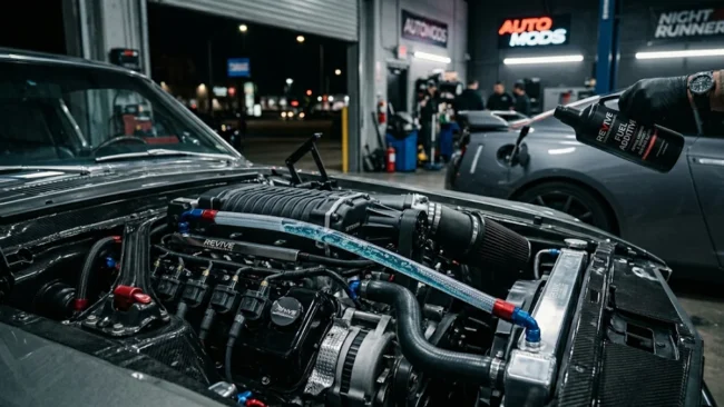Close-up de um motor de alta performance e uma mão despejando aditivo de combustível premium em um tanque de carro à noite.