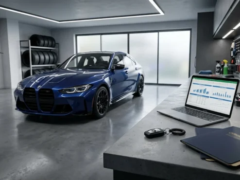 calculo-seguro-carro-esportivo-garagem Notebook exibindo gráficos de cálculo de seguros sobre bancada de oficina ao lado de chaves e carro esportivo ao fundo.
