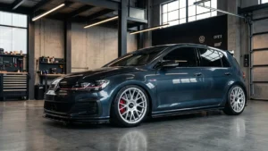 Carro de estilo europeu rebaixado com rodas de liga leve em ambiente controlado, representando um veículo legalizado.