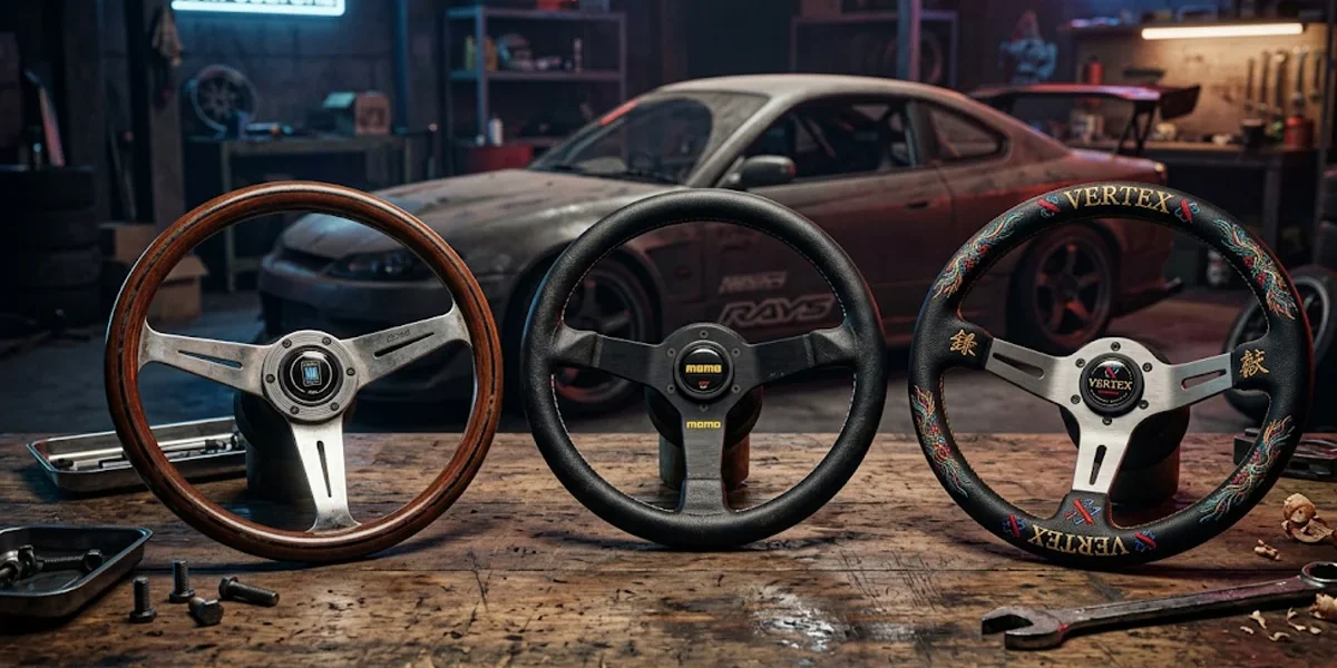 Três volantes esportivos originais Nardi, Momo e Vertex alinhados sobre uma bancada em uma oficina de preparação automotiva.