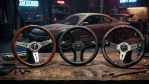 Três volantes esportivos originais Nardi, Momo e Vertex alinhados sobre uma bancada em uma oficina de preparação automotiva.