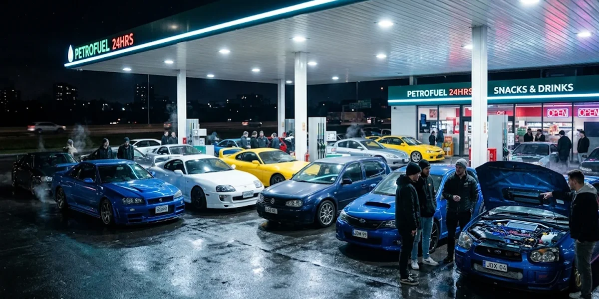 Encontro noturno de carros modificados estacionados sob as luzes brilhantes de um posto de gasolina em atmosfera gearhead.