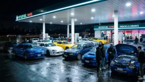 Encontro noturno de carros modificados estacionados sob as luzes brilhantes de um posto de gasolina em atmosfera gearhead.