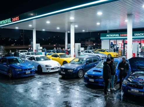 Encontro noturno de carros modificados estacionados sob as luzes brilhantes de um posto de gasolina em atmosfera gearhead.