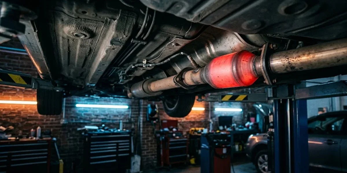 Vista inferior de um sistema de exaustão automotivo com foco no catalisador em um ambiente de oficina mecânica moderna.